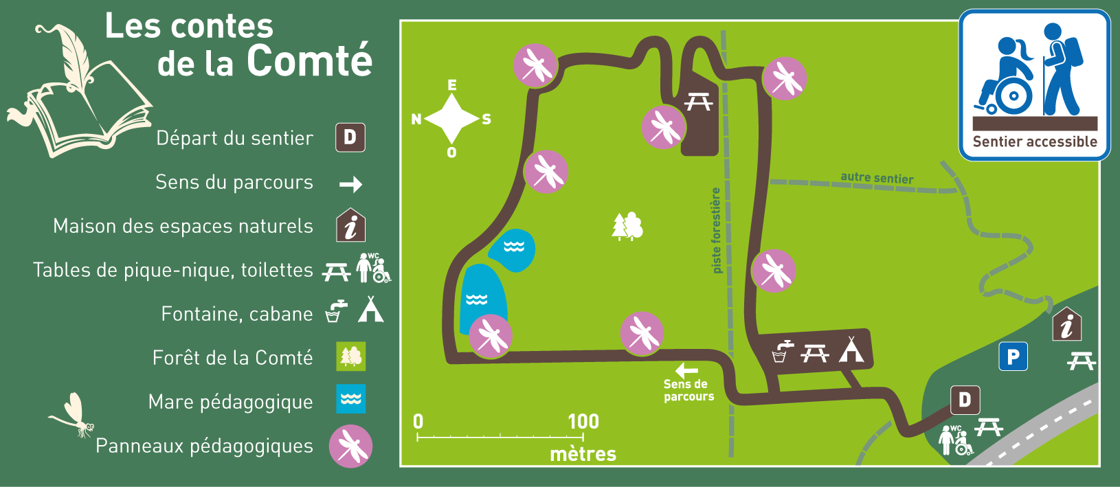 Le plan du parcours du sentier des contes.Le sentier des contes de la Comté est une promenade à travers bois de 900 mètres.  La première partie de ce parcours se trouve à 100 mètres du parking.